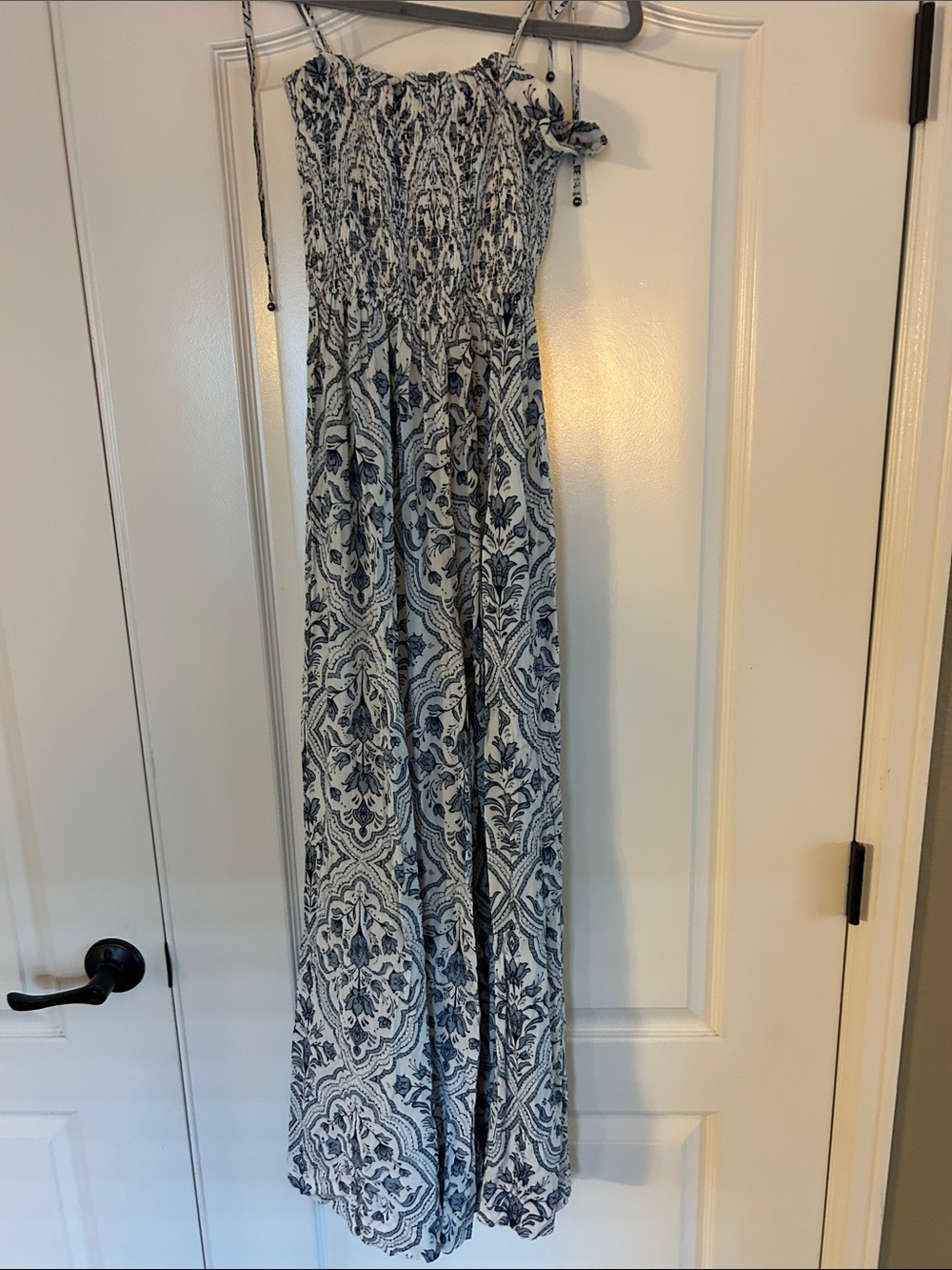 Tigerlily Navy and White Printed Smocked Strap Jumpsuit